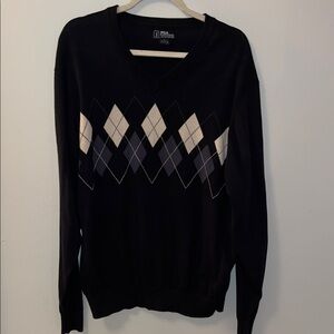 PGA Tour Black and Cream Argyle V-Neck Sweater - large